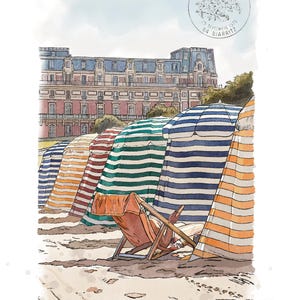 Watercolor of the tents of Biarritz / Art print / Travel diary Basque Coast / Drawing Hôtel du Palais / Watercolor landscape / Art