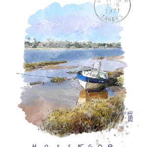 Aquarelle Barque au Lac d'Hossegor / Art Paysager Sud-Ouest France / Décoration Murale Qualité Musée / Tirage Fine Art
