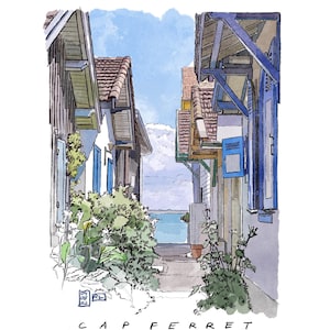 May include: A watercolor painting of a narrow street in a village with blue sky and a glimpse of the sea. The buildings are painted in shades of brown and blue with wooden beams and tiled roofs. The text "CAP FERRET Village de L'Herbe" is written at the bottom of the image.