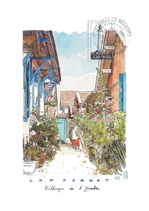 Aquarelle Cap Ferret /Tirage d’art A5 et A4/ Village de l’Herbe Bassin d’Arcachon/ aquarelle / cadeau pour amateur d’art