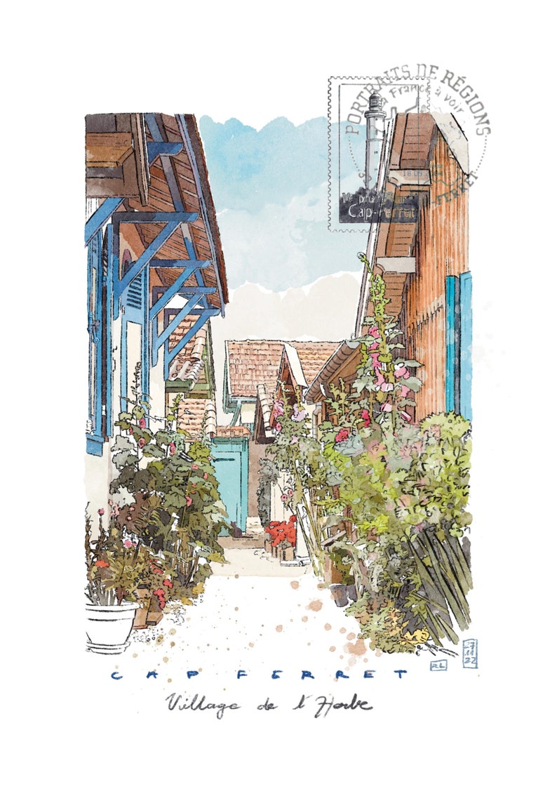 May include: Watercolor illustration of a narrow street in Cap Ferret, France, with buildings, flowers, and a lighthouse stamp. The image features blue shutters, red-tiled roofs, and the text "CAP FERRET Village de l'Herbe."