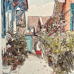 May include: Watercolor painting of a narrow alleyway lined with buildings and lush greenery. The buildings feature blue shutters and terracotta roofs. Colorful flowers and potted plants add vibrant accents to the scene.