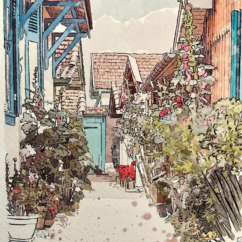 May include: Watercolor painting of a narrow alleyway lined with buildings and lush greenery. The buildings feature blue shutters and terracotta roofs. Colorful flowers and potted plants add vibrant accents to the scene.