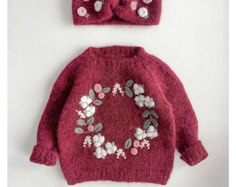 Girls flower cardigan , Alpaca sweater , Crochet pants , crochet cardigan, Hand knit sweater with Name Flowers Embroidered sweater Baby hat