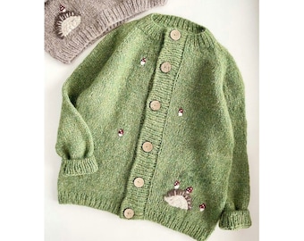 Мushroom sweater, knit sweater with Name, Boys mushroom cardigan Alpaca sweater Crochet pants Hand knit sweater Mushroom Embroidered sweater