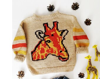 Giraffe sweater, safari birthday, Infant boy clothes, hand knit sweater, Alpaca sweater, gender neutral baby clothes, embroidered sweater 2T