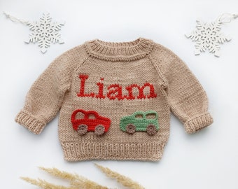 Car sweater , Alpaca sweater , Baby name sweater , Custom baby sweater , hand knit sweater with Name, vintage sweater , embroidered sweater