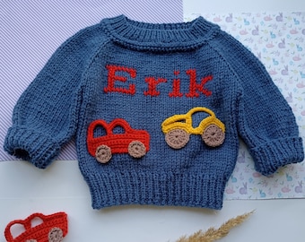 Car sweater , Gift newborn boy , Easter gifts for kids , Alpaca sweater , Custom baby sweater , Hand knit sweater with Name, Holiday sweater