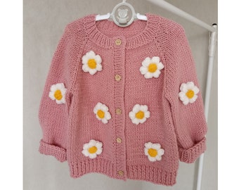 Cardigan floral Cardigan fleurs marguerites Cardigan en tricot brodé Pull en tricot pour bébé et tout-petit Cardigan au crochet pour fille Cadeaux de Pâques pour les enfants