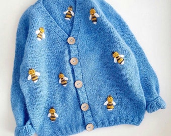 Bee crochet cardigan for kids Girls Alpaca sweater Crochet bee Honey Bee Bumble Bee baby shower Bee First birthday outfit Hand knit sweater