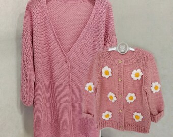 Mommy and me outfits Daisy Flower cardigan Crochet cardigan women L-XL Cable knit sweater Holiday sweater Hand knit sweater Vintage sweater