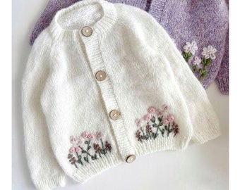 Cardigan à fleurs, pull en alpaga, cardigan au crochet, pull pour bébé personnalisé, bandeau, pull en tricot à la main, pull brodé, pull de vacances