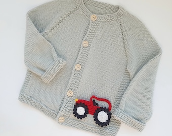 Tractor baby sweater, Crochet cardigan, Car sweater, Gift newborn boy, Easter gifts for kids Custom baby sweater Hand knit sweater with Name