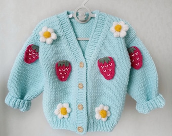 Floral Cardigan Strawberry sweatshirt Daisy Flower cardigan Embroidered Knit Cardigan Baby Toddler Knitted Sweater Crochet cardigan for girl