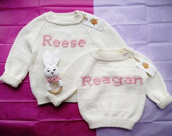 Crochet sweater, Baby name sweater, Custom baby sweater, hand knit sweater with Name, Alpaca sweater, Gift newborn,  Easter gift for girls