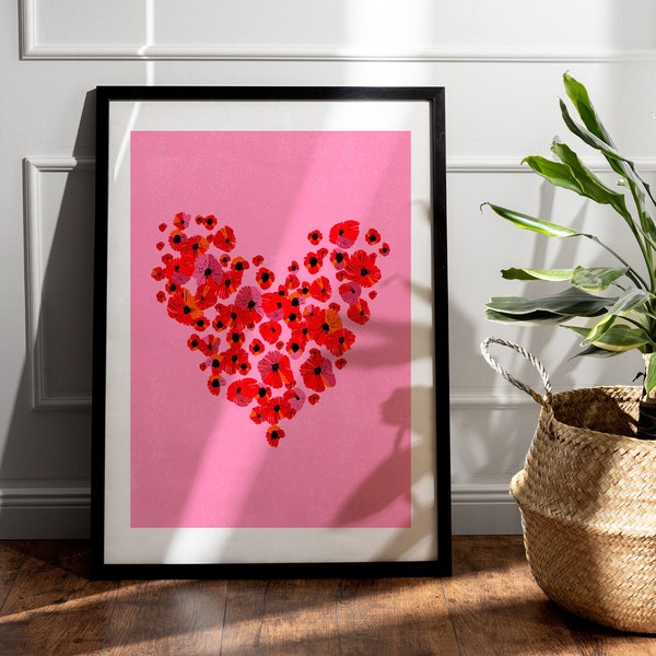 Pink Red Heart Poster | Trendy Wall Art | Lovecore | Barbiecore | Poppy Flower Print | Romantic Maximalist | Quirky Kitchen Art A1 A2 A3 A4