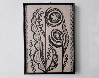 Folklore Drawing Botanical | Monochrome Original Folkart in A4 size | Slavic Pagan Art | Original Pen and Ink Drawing Flower