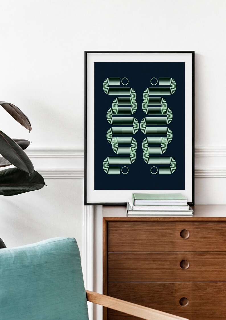 Navy Blue Mint Green Geometric Wall Art Modern Dark Blue Abstract Print ...