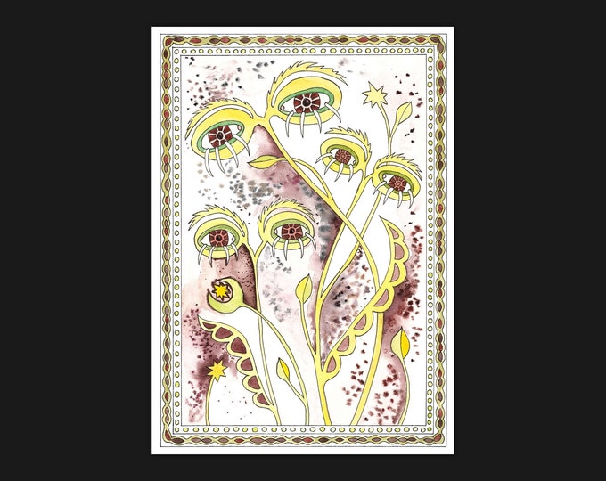 Funky Floral Eyes / Bold Colourful Fine Art Print A4 / Acquerello surreale giallo e viola firmato / Weirdcore / Bizzare Naive Painting Print