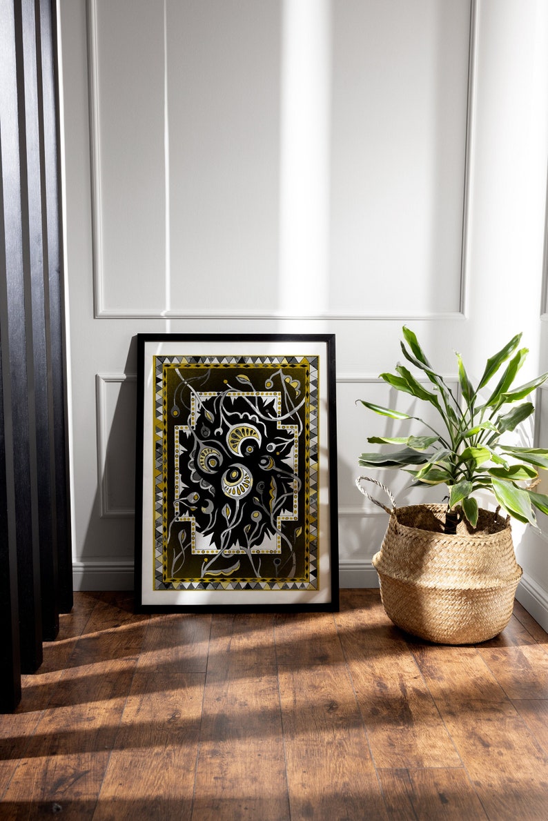 Mustard Yellow Art Print Funky Floral Poster Dark Folk Art Botanical ...