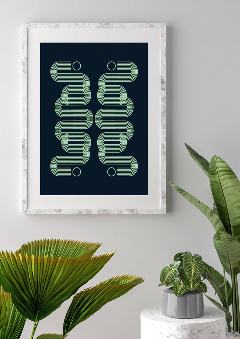 Navy Blue Mint Green Geometric Wall Art Modern Dark Blue Abstract Print ...