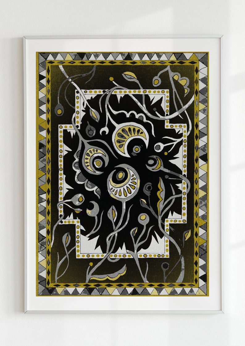 Mustard Yellow Art Print Funky Floral Poster Dark Folk Art Botanical ...