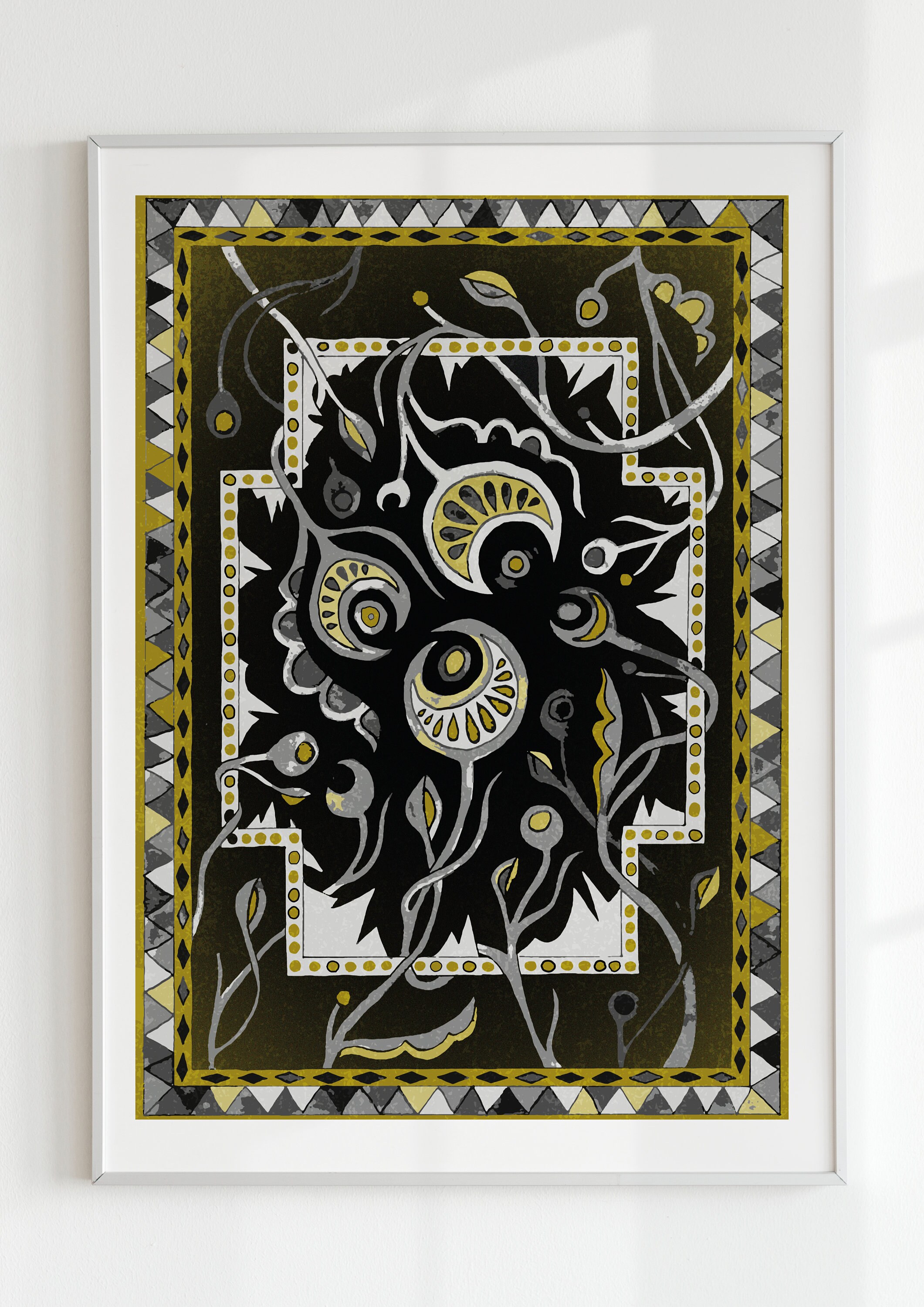 Mustard Yellow Art Print Funky Floral Poster Dark Folk Art Botanical ...