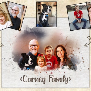 Retrato familiar personalizado con mascotas, ideas minimalistas de regalos de Navidad para la familia, pinturas de acuarela digitales y de lienzo