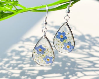 Handmade Forget Me Not Pressed Flower Earrings, Real Flower Resin Earrings, Dried Natural Floral Jewelry, Mother's Day Birthday Gift For Her