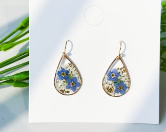 Forget Me Not Pressed Flower Earrings, Resin Gold Foil Earrings, Real Flower Earrings, Natural Floral Jewelry, Graduation Birth Gift For Her