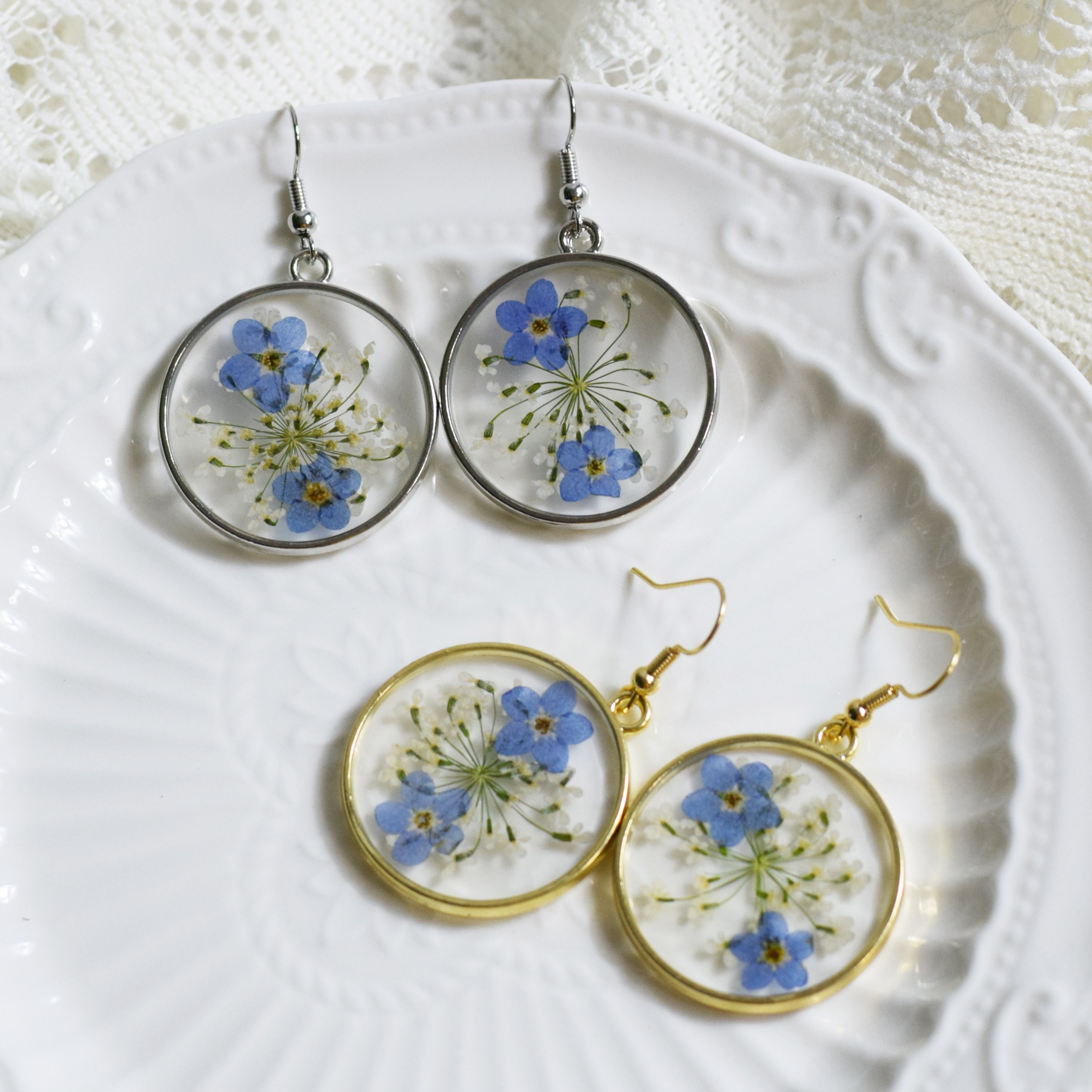 Gold Me Not Pressed Flower Earrings Silver Resin Etsy