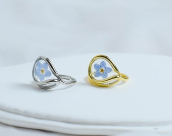 Forget me not Real Flower Adjustable Ring, Pressed Flower Ring, Dried Flower Ring, Resin Flower Ring, US Size 7-9, Anniversary Birthday Gift