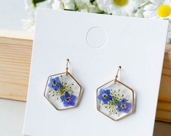 Forget Me Not Pressed Flower Earrings, Resin Gold Foil Earrings, Real Flower Earrings, Natural Floral Jewelry, Graduation Birth Gift For Her