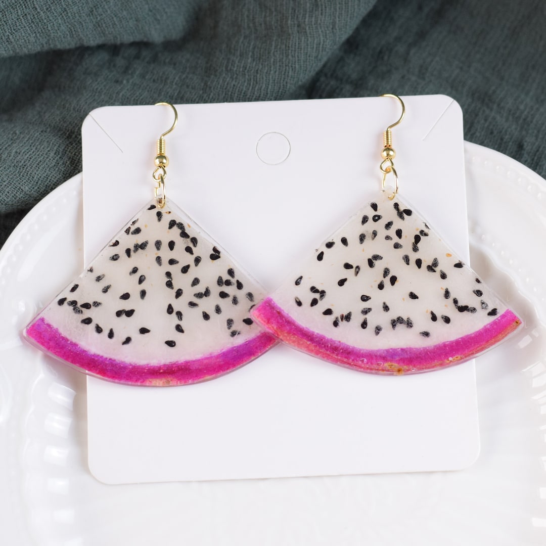 Pressed Pitaya Earrings, Resin Fruits Earrings, Real Fruit Earring