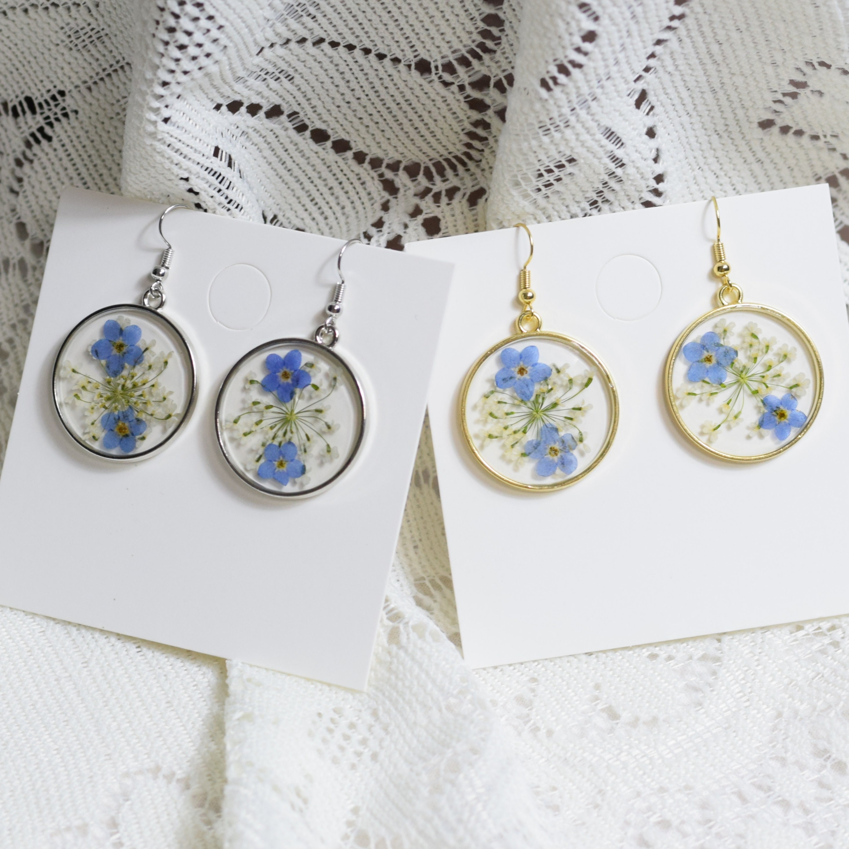 Gold Me Not Pressed Flower Earrings Silver Resin Etsy