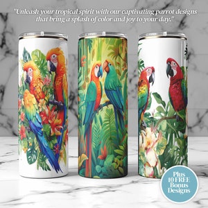 3 x Watercolour Parrot Wrap 20oz Skinny Tumbler Sublimation Design, , Parrot Art, Bird Tumbler, wrap, png, svg