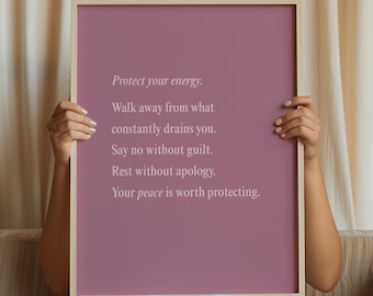 Mental Health Wall Art Printable | Protect Your Energy Quote | Self Care Poster | Pink Minimalist Print | Digital Download