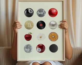 Retro and vintage print, vibrant and trendy art collage poster, retro 8 ball poster, vintage wall art for bedroom billiard ball