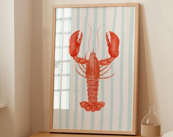 Lobster and stripes wall art, trendy summer print, vibrant colorful maximalist digital poster, instant download