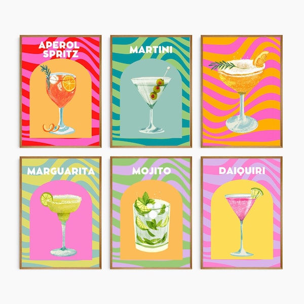 Affiche numérique cocktail set de 6 pour décoration murale colorée et éclectique avec motifs abstraits et dessin boisson pour bar, NUMERIQUE