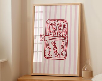 Sardine print with pink stripes, colorful and vibrant trendy wall art, dopamine decor illustration, cool digital poster to print