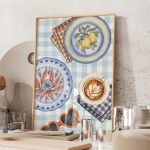 Frukosttavla med rutig duk, italiensk sommarvibe, trendig färgglad och livfull poster, citron utskrivbar väggkonst JPG