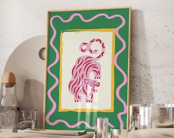 Dopamine decor maximalist wall art with tiger and snake, trendy colorful poster with wavy shape, fun printable poster, JPG print