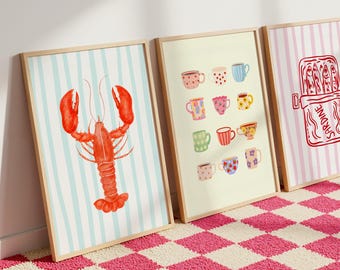 Set of 3 colorful prints, vibrant art set of 3, 3 trendy dopamine decor posters to print, posters with lobster and sardine cups