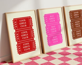 Set of 3 colorful retro ticket prints, vibrant art set of three, 3 trendy feminist posters, dopamine decor wall art to print