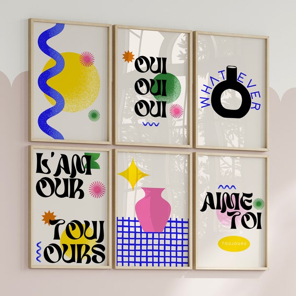 Set de 6 affiches numériques colorées et tendances pour une décoration murale éclectique, maximaliste et moderne, 6 posters rétro français