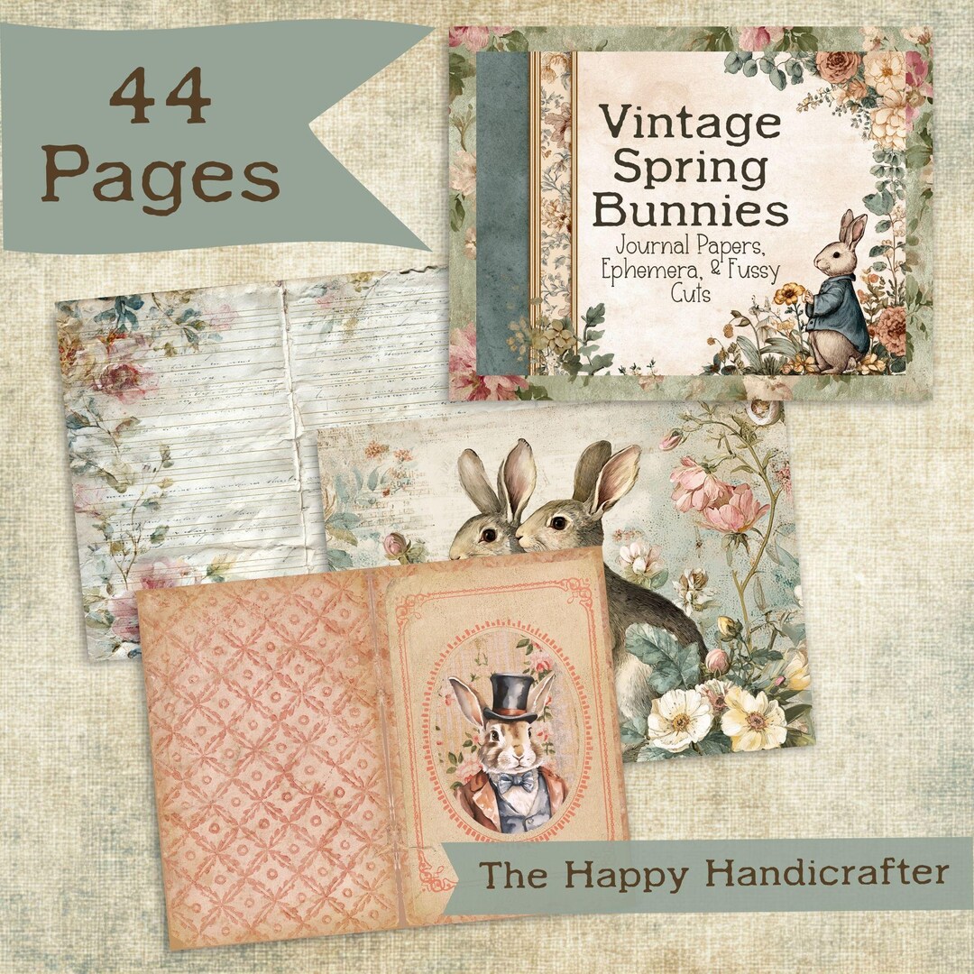 Vintage Spring Bunnies Junk Journal Kit | Shabby Floral Rabbit Digital ...