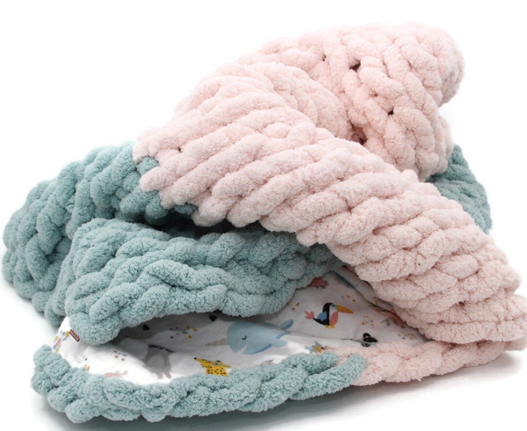 Super Chunky Knit Baby Blanket With Soft Flannel Lining, Large Chunky