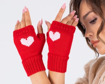 Fingerless Heart Glove, Fingerless Glove Woman, Knit Fingerless Glove, Embroider Fingerless Gloves, Hand Knit Glove, Valentines Crochet Cute