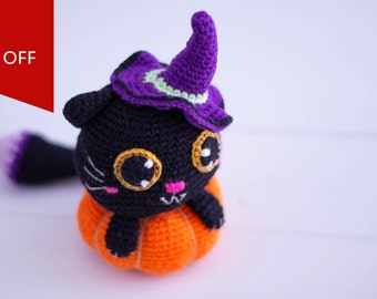Halloween Crochet Black Cat, Halloween Cat, Halloween Plush, Halloween Plushie, Halloween Toy Cat, Pumpkin Cat, Halloween Decor Indoor